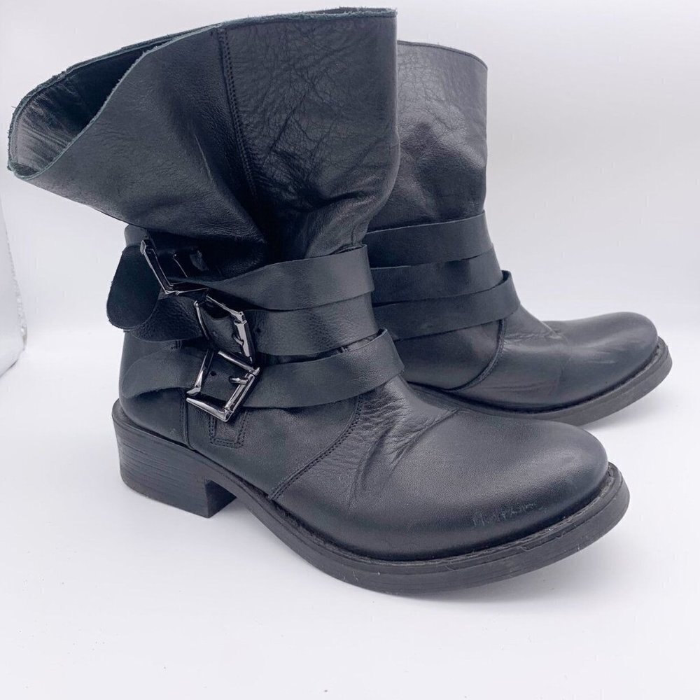 Miz Mooz Black Leather Slouchy Ankle Boot 3 Buckle Moto EU 37